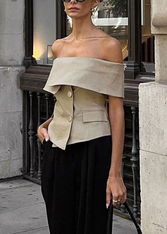 Dames Top met Schuine Hals en Koude Schouderknopen Zomerstijl 2