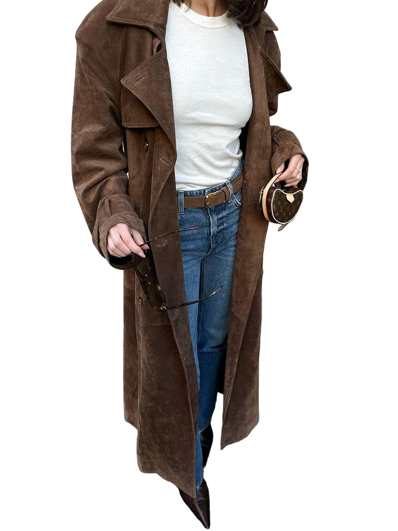 Dames Trenchcoat Suède Look Midi Met Ceintuur en Dubbelrijige Knoopsluiting 0
