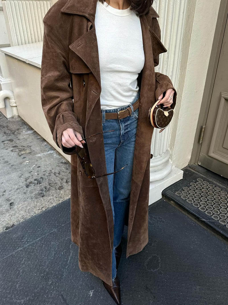 Dames Trenchcoat Suède Look Midi Met Ceintuur en Dubbelrijige Knoopsluiting 1