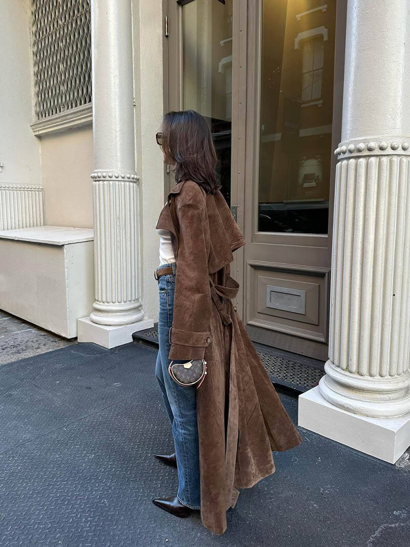 Dames Trenchcoat Suède Look Midi Met Ceintuur en Dubbelrijige Knoopsluiting 2