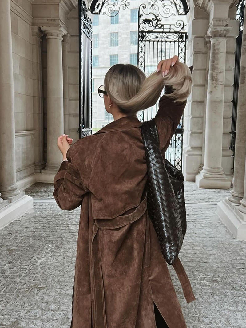 Dames Trenchcoat Suède Look Midi Met Ceintuur en Dubbelrijige Knoopsluiting 5
