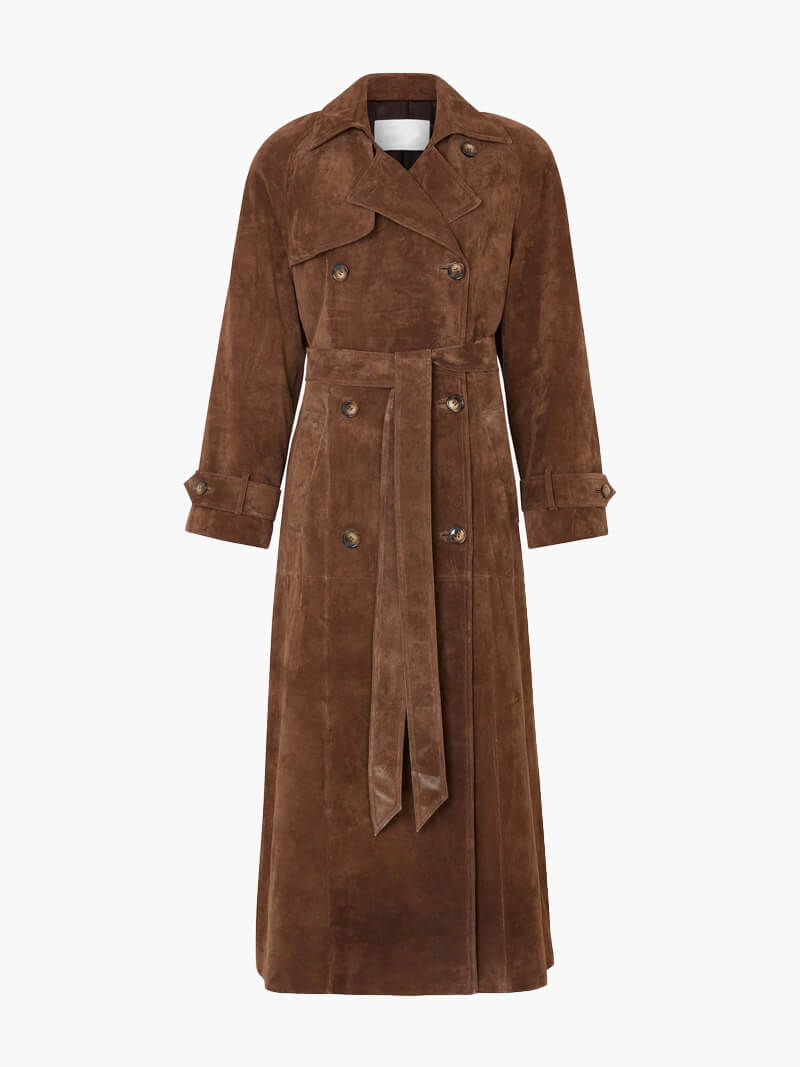 Dames Trenchcoat Suède Look Midi Met Ceintuur en Dubbelrijige Knoopsluiting 6