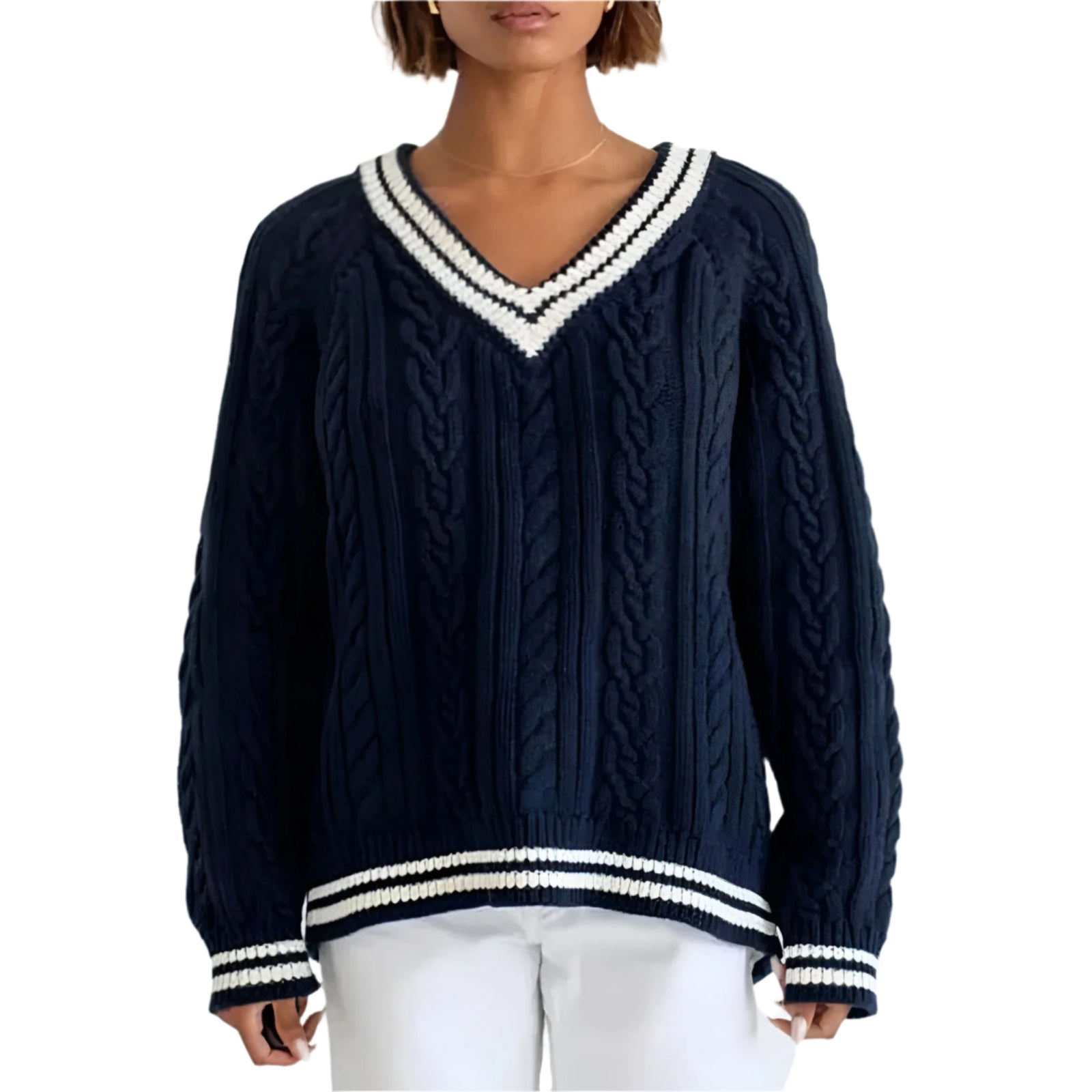 Dames Trui Kabelgebreid V-hals Katoenmix Casual Relaxed 0