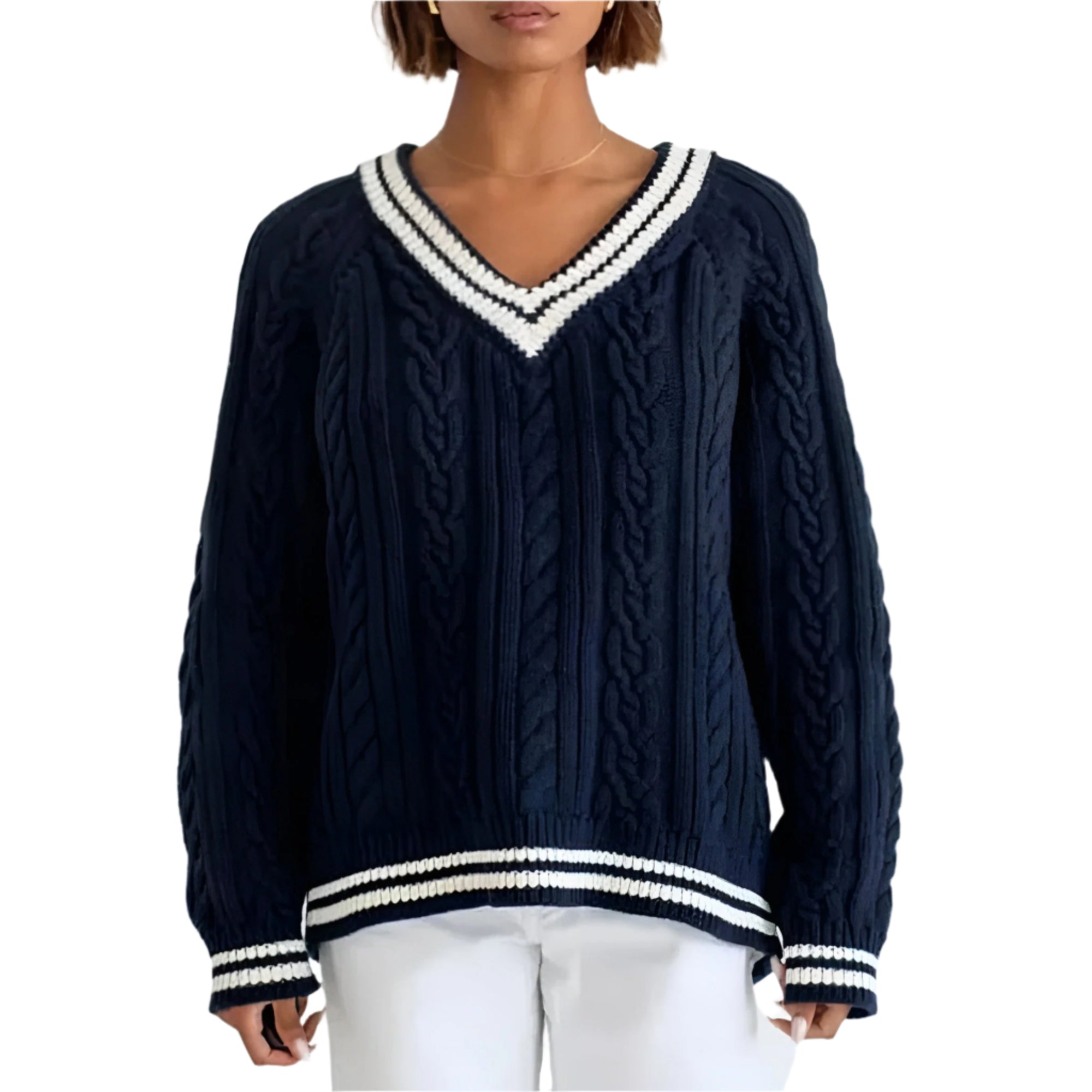 Dames Trui Kabelgebreid V-hals Katoenmix Casual Relaxed 0