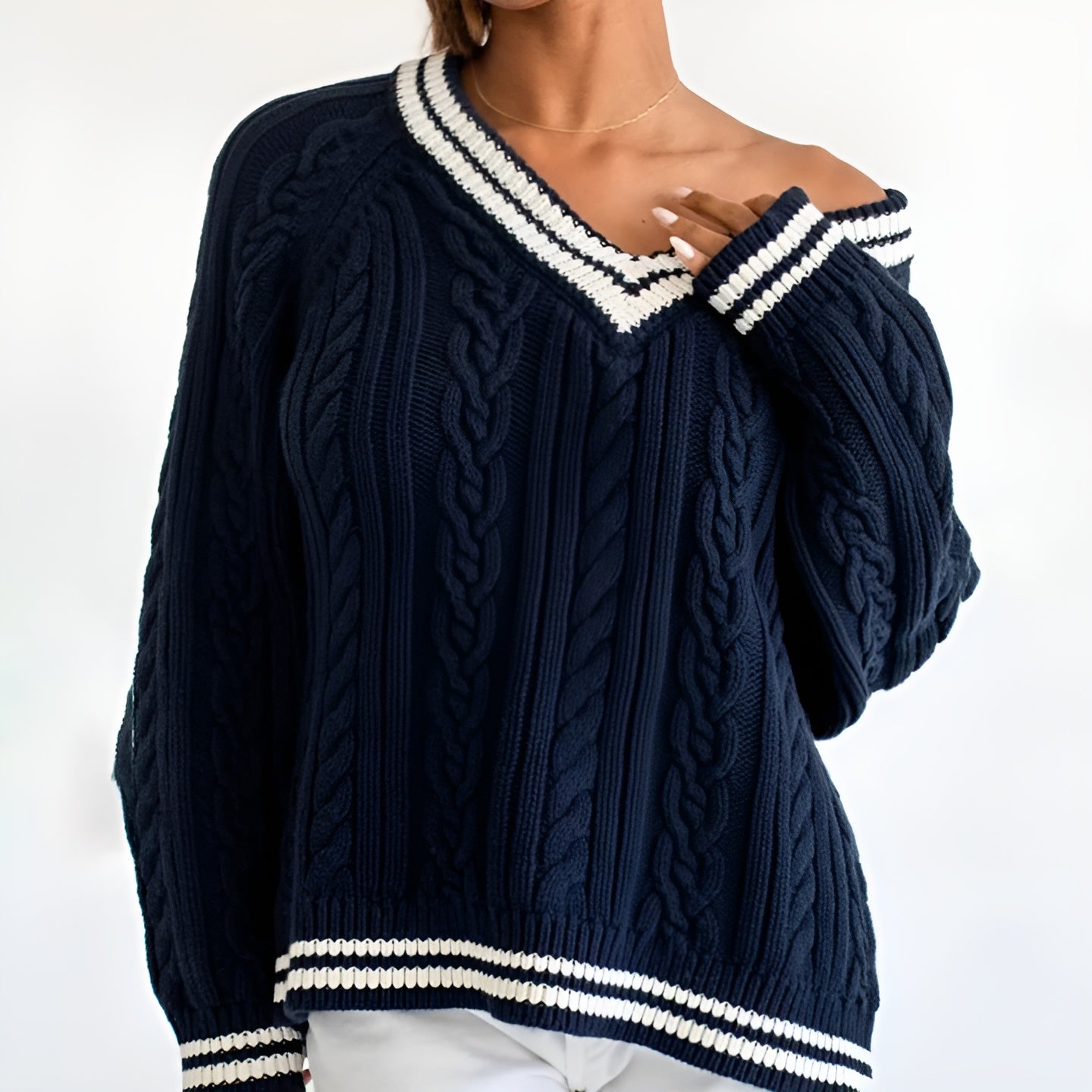 Dames Trui Kabelgebreid V-hals Katoenmix Casual Relaxed 2