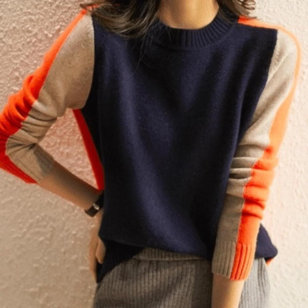 Dames Trui Retro Streep Marineblauw Oranje 0