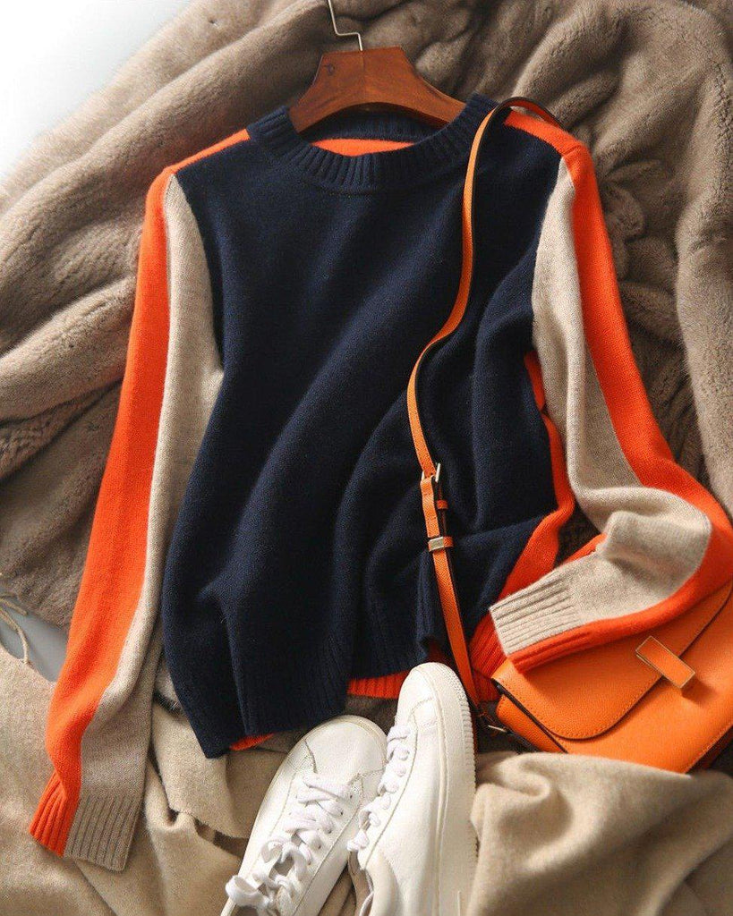 Dames Trui Retro Streep Marineblauw Oranje 4