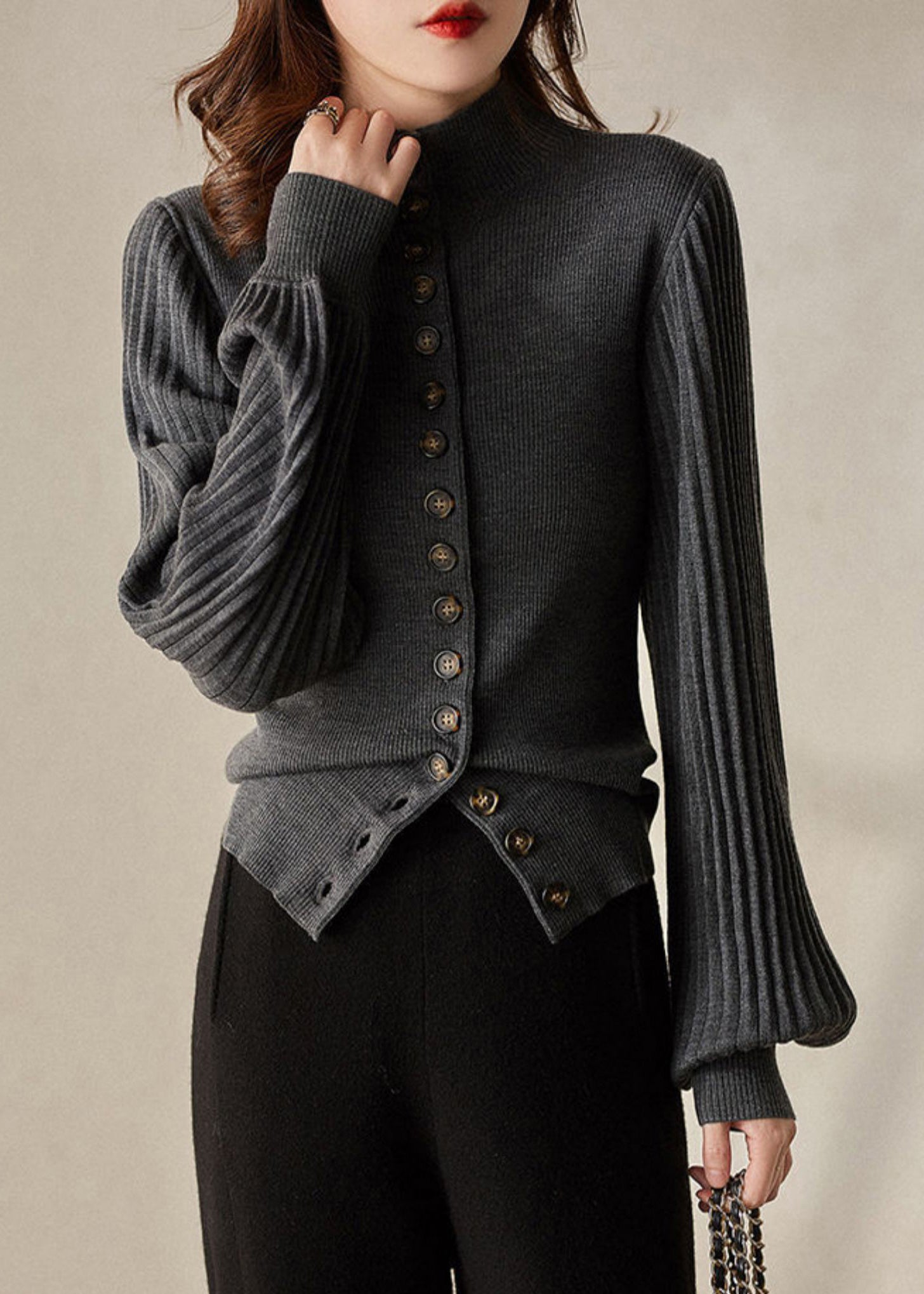 Dames Trui met Staande Kraag en Lantern Mouwen 2