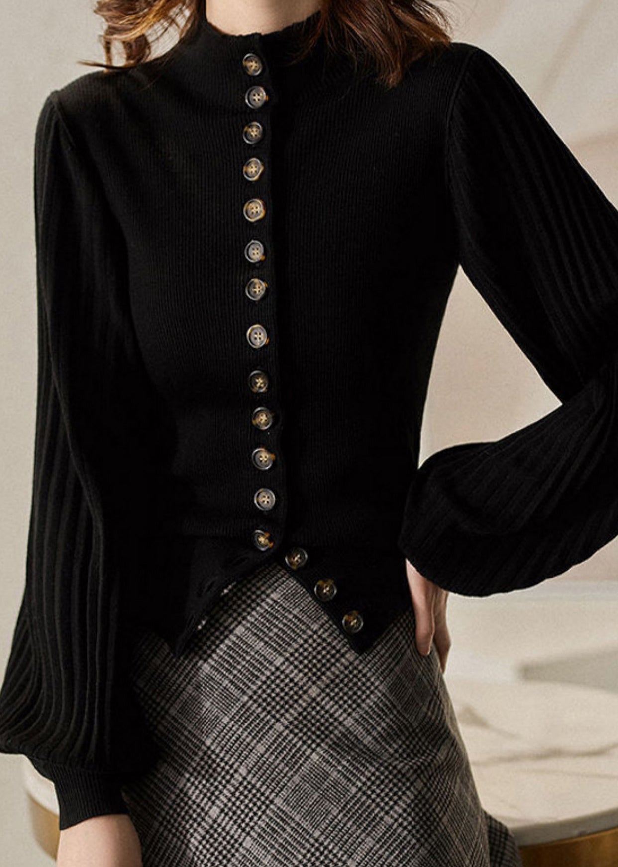 Dames Trui met Staande Kraag en Lantern Mouwen 3