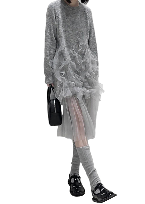 Dames Tulle Patchwork Gebreide Jurk met Ruffles 0