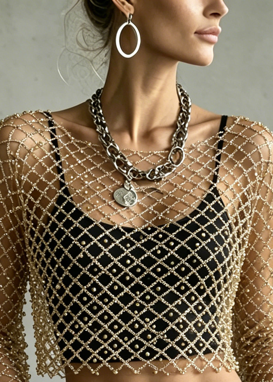 Dames Tulle Top met Uitgeholde Details en Nagelkralen 2