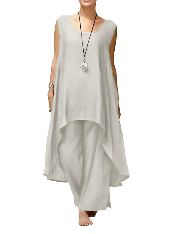 Dames Twee-Piece Set Irregulaire Mouwloze Wijde Pantalon Katoen Linnen 0