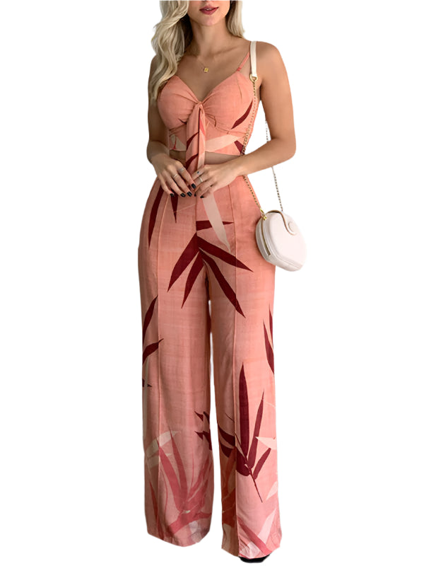 Dames Twee-Piece Set V-Hals Hoge Taille Geprinte Wijde Pantalon 0
