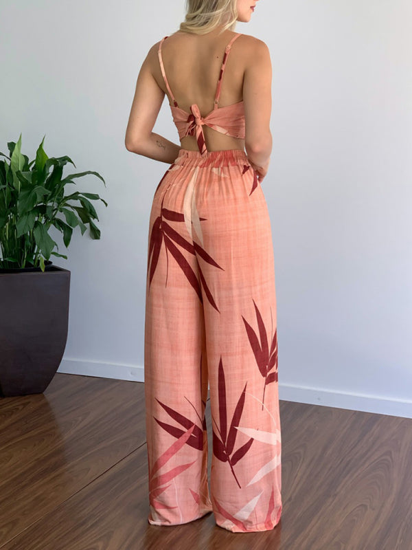 Dames Twee-Piece Set V-Hals Hoge Taille Geprinte Wijde Pantalon 1