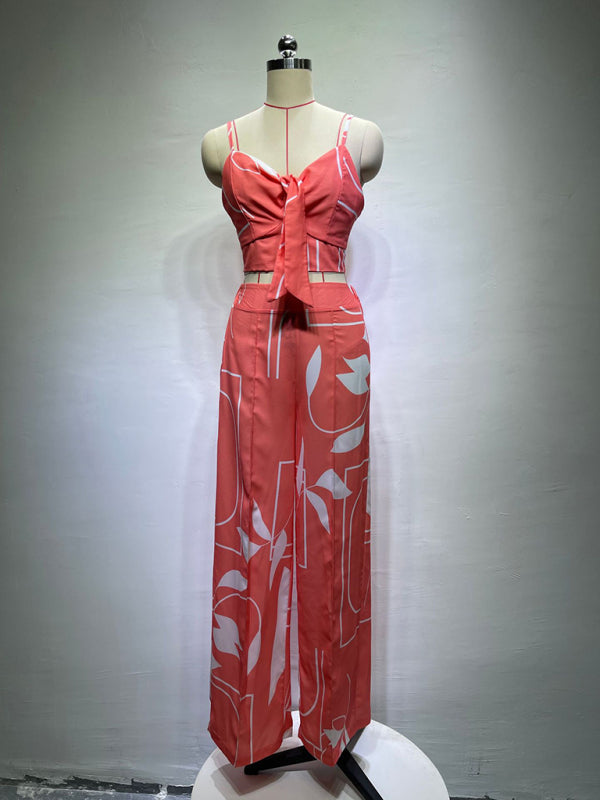 Dames Twee-Piece Set V-Hals Hoge Taille Geprinte Wijde Pantalon 2