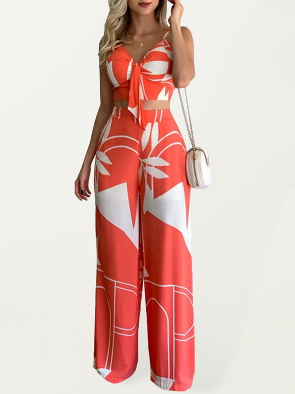 Dames Twee-Piece Set V-Hals Hoge Taille Geprinte Wijde Pantalon 3