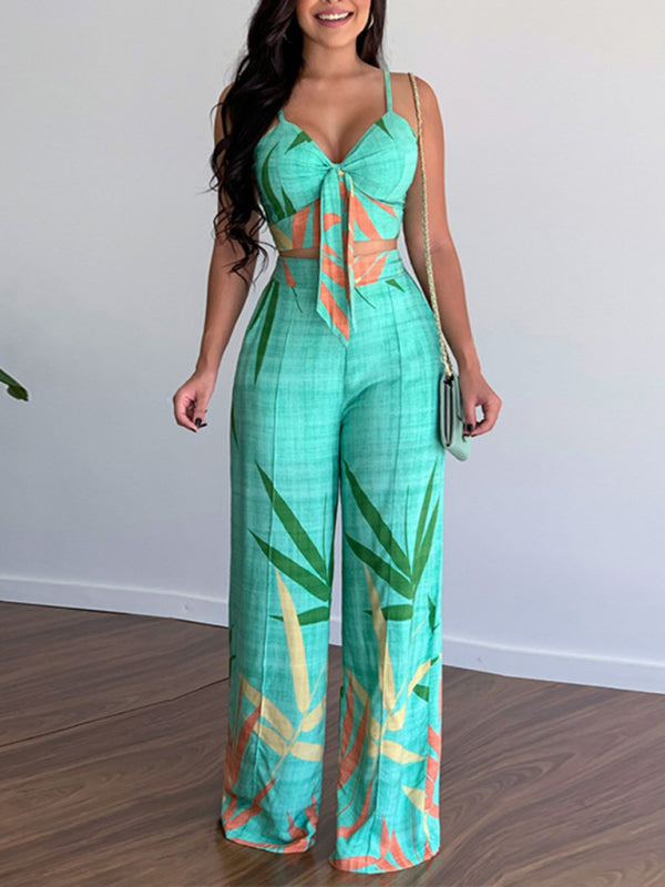 Dames Twee-Piece Set V-Hals Hoge Taille Geprinte Wijde Pantalon 4