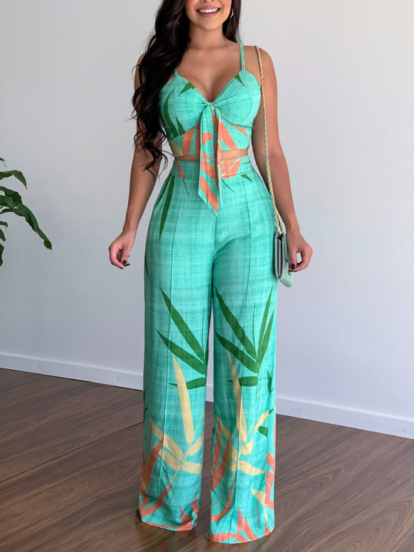 Dames Twee-Piece Set V-Hals Hoge Taille Geprinte Wijde Pantalon 5