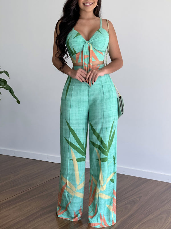 Dames Twee-Piece Set V-Hals Hoge Taille Geprinte Wijde Pantalon 6