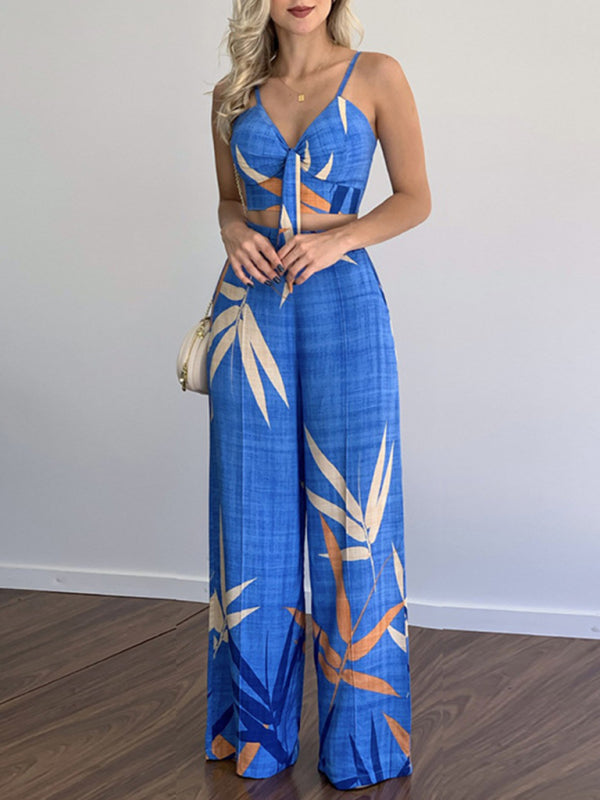 Dames Twee-Piece Set V-Hals Hoge Taille Geprinte Wijde Pantalon 7