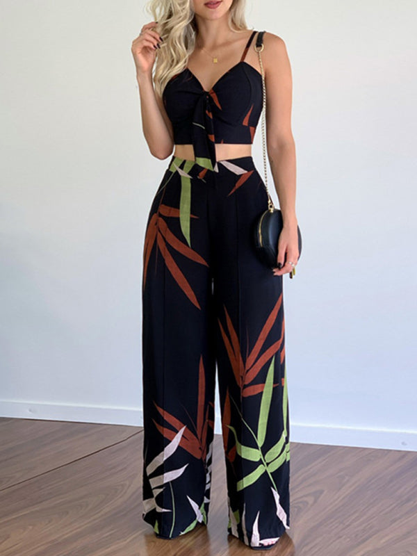 Dames Twee-Piece Set V-Hals Hoge Taille Geprinte Wijde Pantalon 8