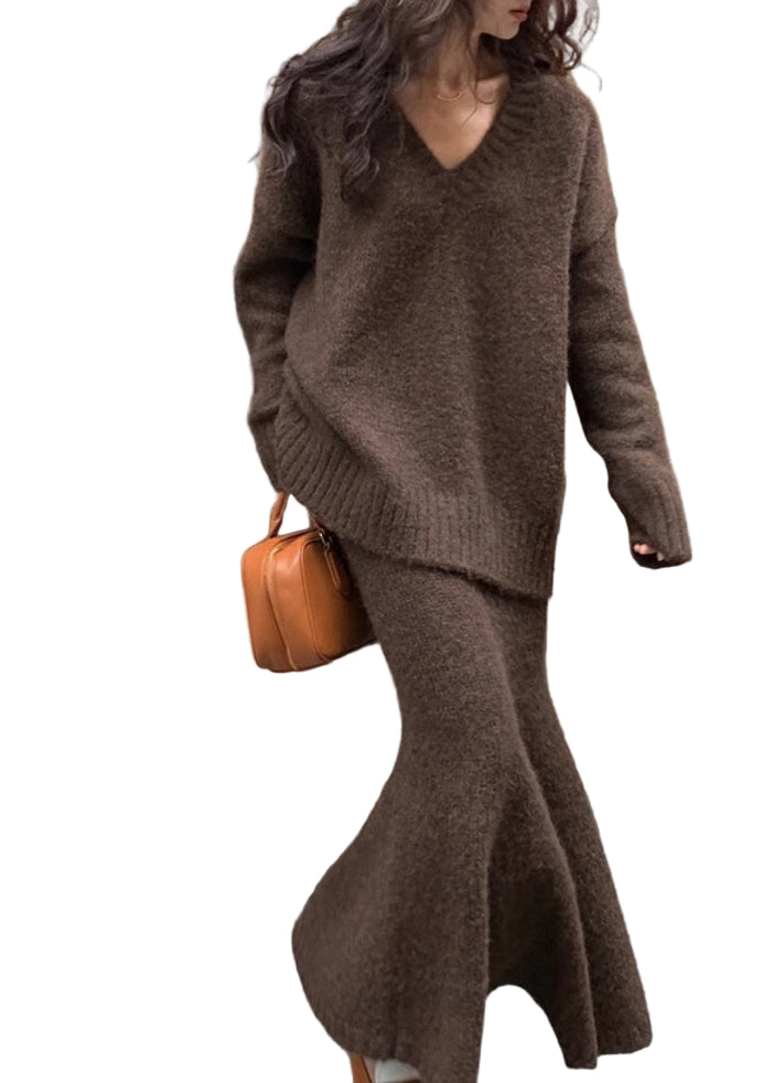 Dames Twee-delige Set Gebreide Trui en Maxirok 0