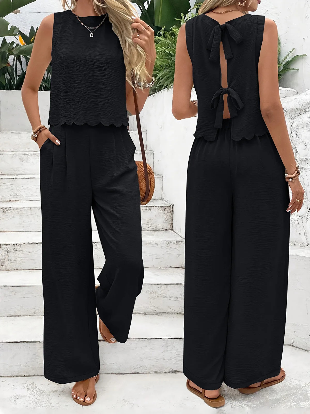 Dames Twee-delige Set Linnen Mouwloze Top en Broek Casual Zomeroutfit 2