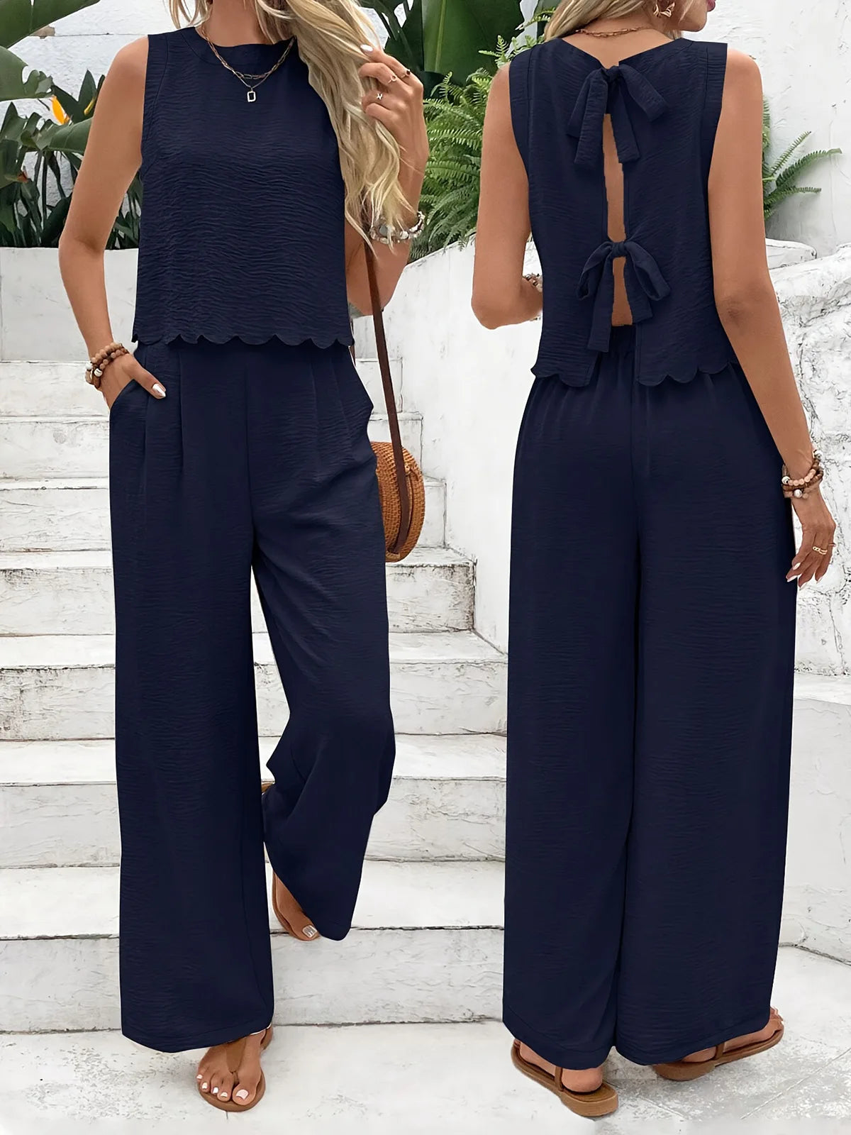 Dames Twee-delige Set Linnen Mouwloze Top en Broek Casual Zomeroutfit 5