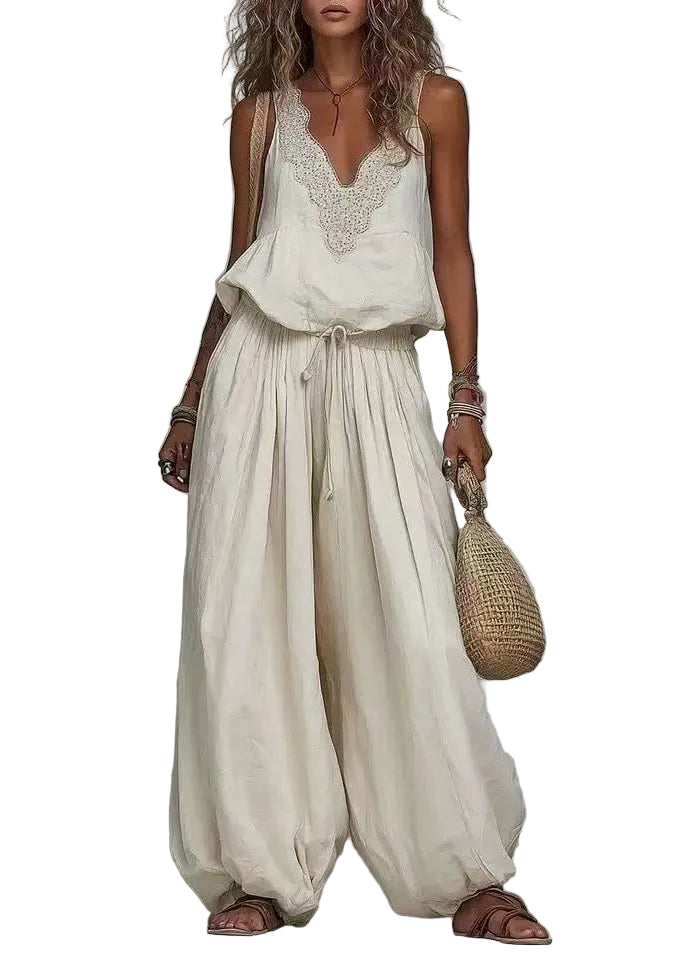 Dames Twee Delige Boho Set Mouwloos met V-hals en Verstelbaar Trekkoord 0