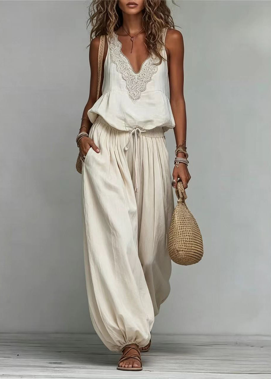 Dames Twee Delige Boho Set Mouwloos met V-hals en Verstelbaar Trekkoord 1