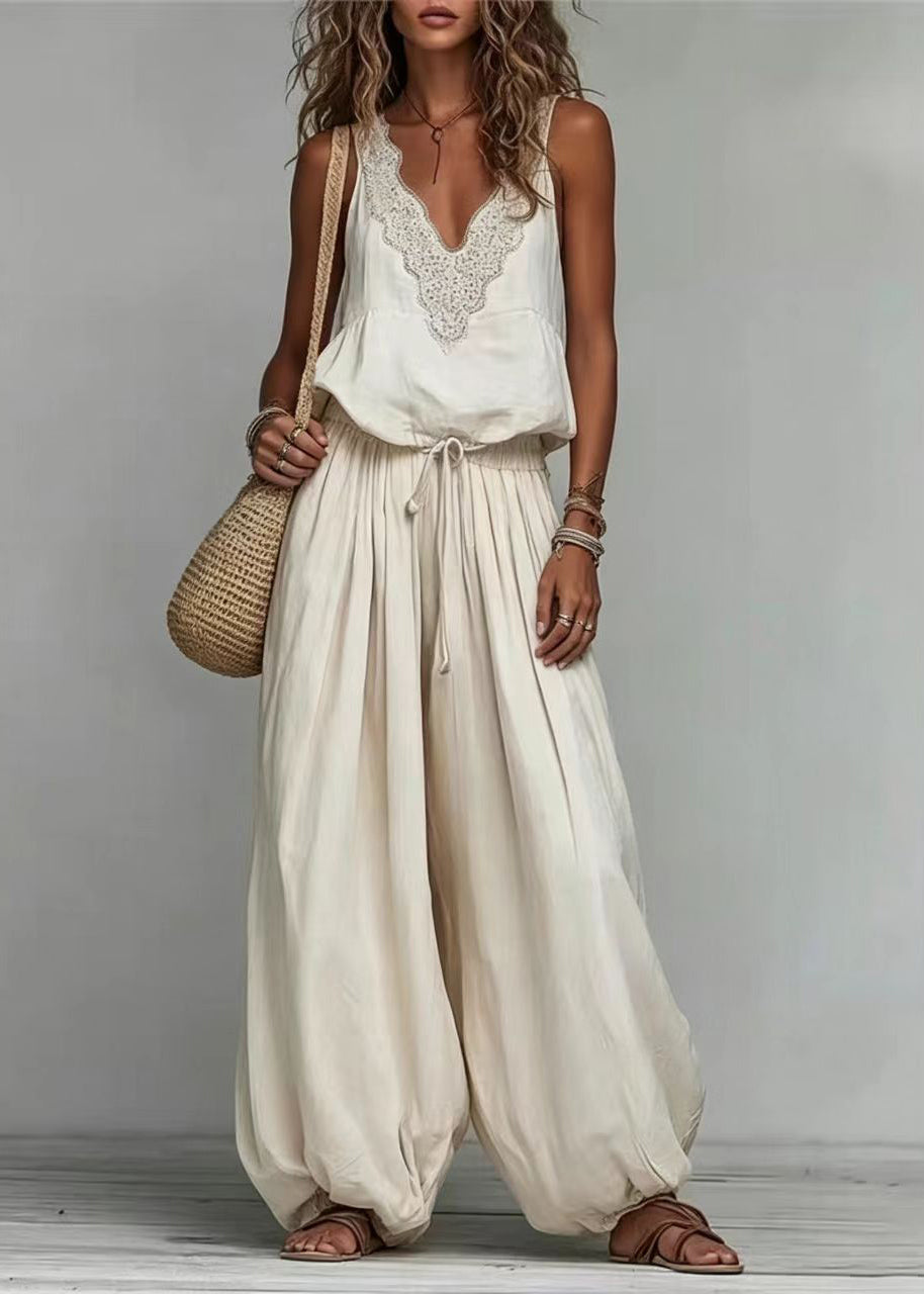 Dames Twee Delige Boho Set Mouwloos met V-hals en Verstelbaar Trekkoord 2