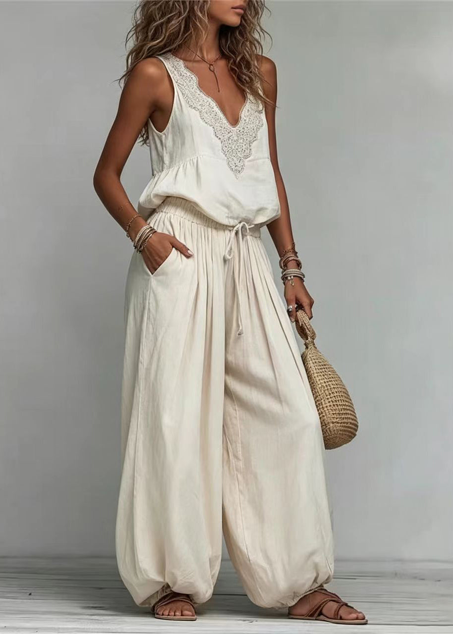 Dames Twee Delige Boho Set Mouwloos met V-hals en Verstelbaar Trekkoord 3