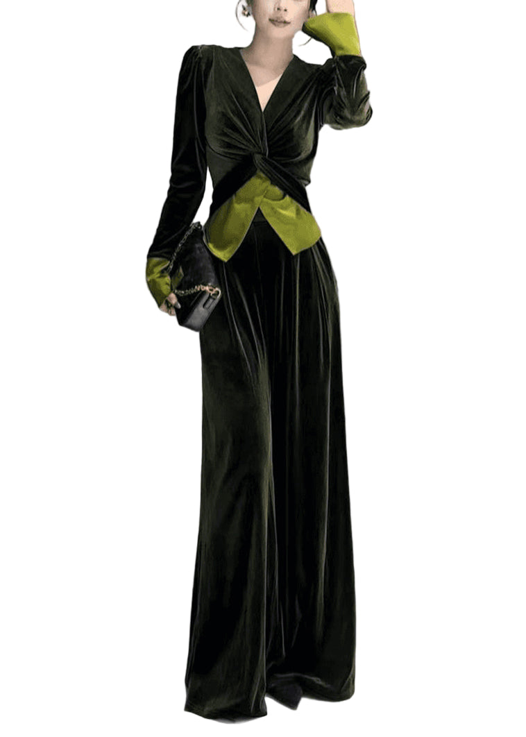 Dames Twee Delige Set met V-Hals en Brede Pijpen 0