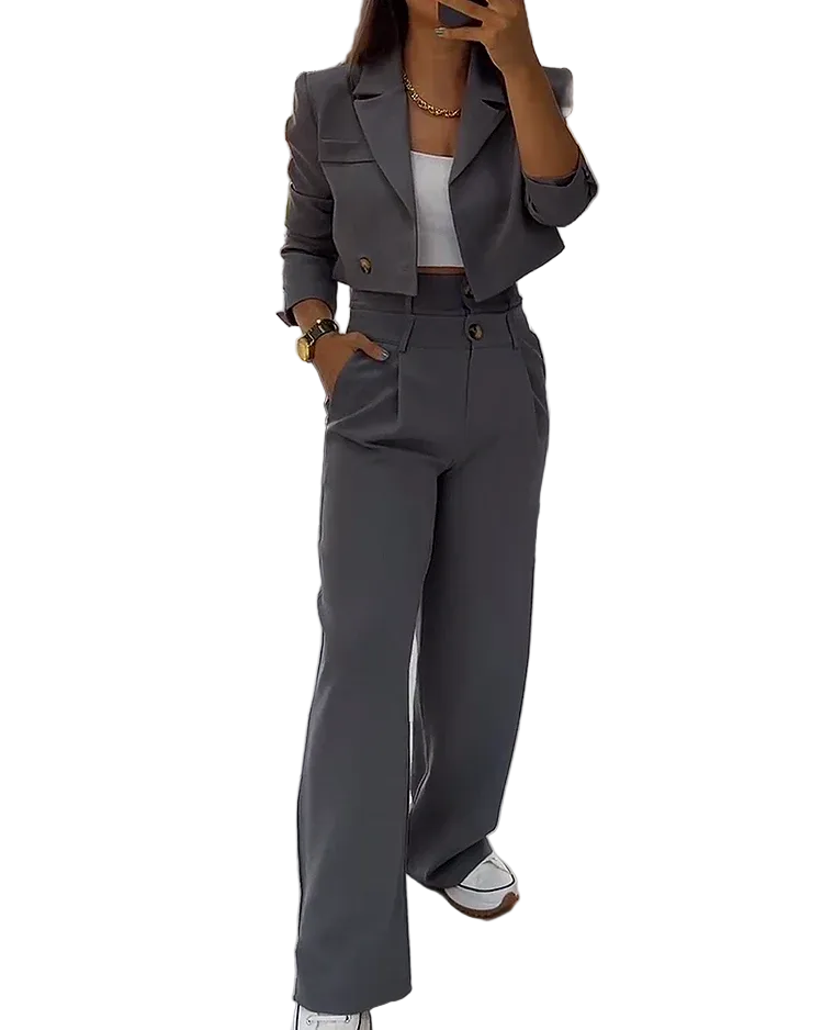 Dames Tweedelige Pakset Cropped Blazer en Wijde Pijpen 0