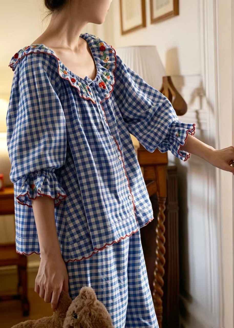 Dames Tweedelige Pyjama Set Geruit Met Lange Mouwen 0