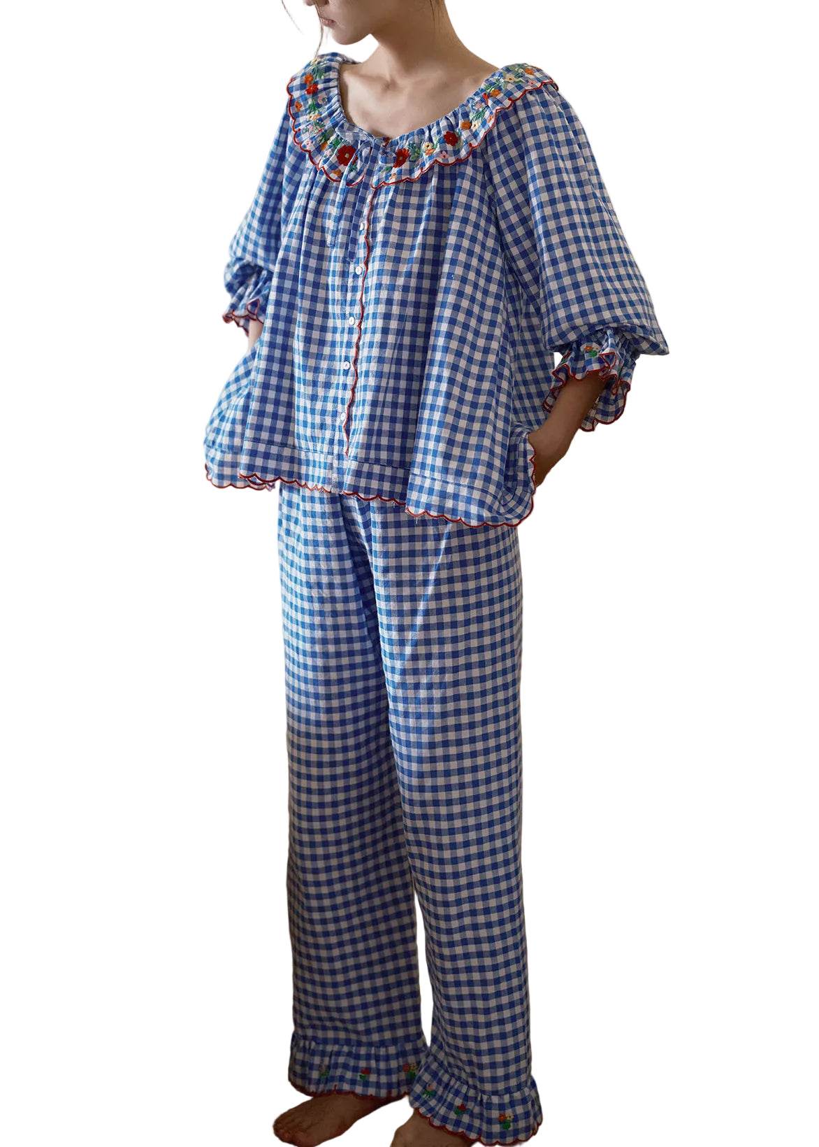 Dames Tweedelige Pyjama Set Geruit Met Lange Mouwen 1