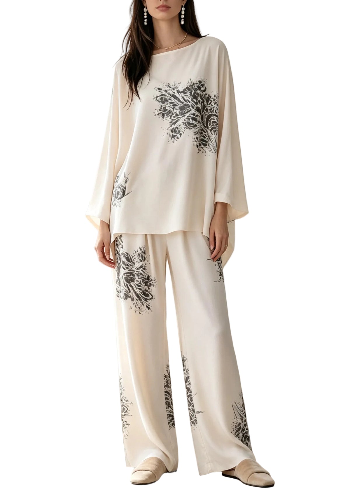 Dames Tweedelige Pyjama Set Losvallend Met Vleermuismouwen 0