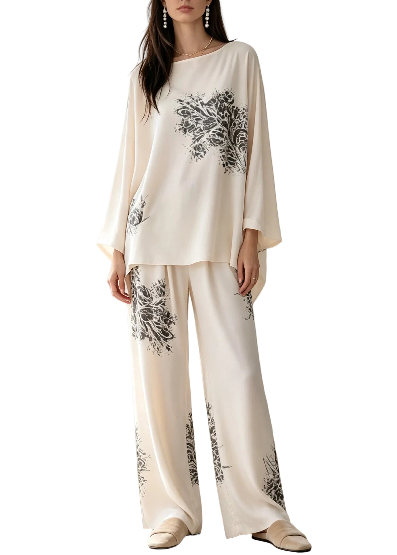 Dames Tweedelige Pyjama Set Losvallend Met Vleermuismouwen 0
