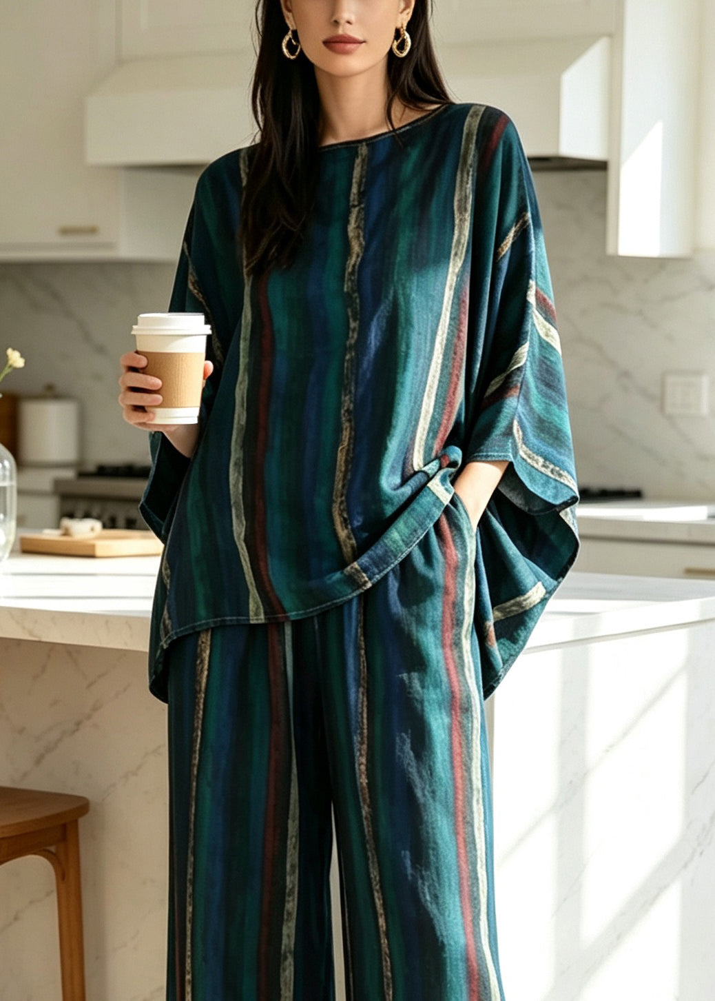 Dames Tweedelige Pyjama Set Losvallend Met Vleermuismouwen 4