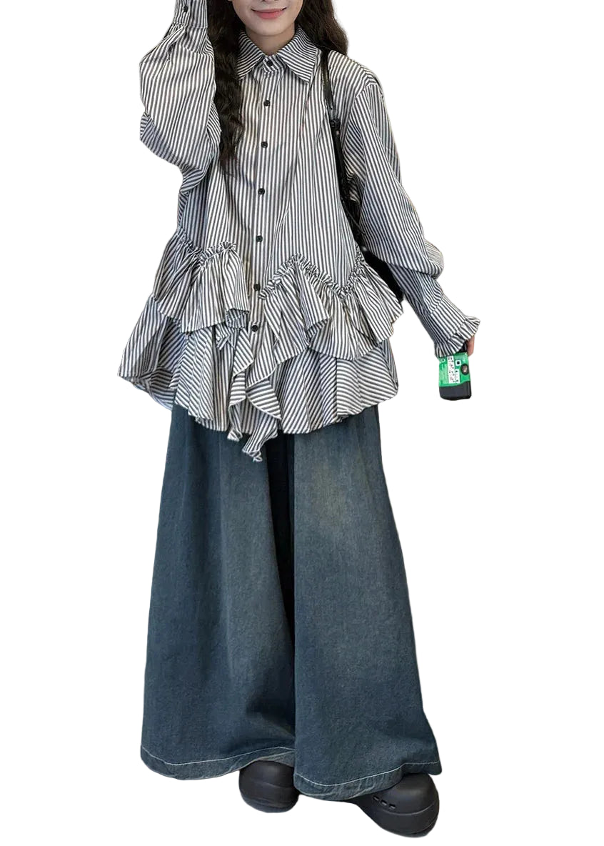 Dames Tweedelige Set Blouse met Peter Pan-kraag en Jeans Asymmetrisch Gestreept 0