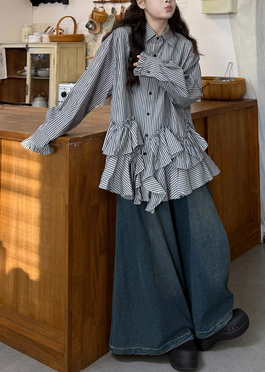 Dames Tweedelige Set Blouse met Peter Pan-kraag en Jeans Asymmetrisch Gestreept 1