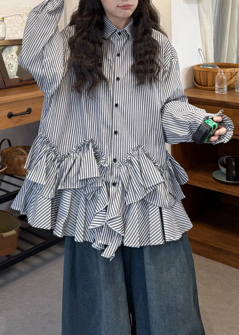 Dames Tweedelige Set Blouse met Peter Pan-kraag en Jeans Asymmetrisch Gestreept 3