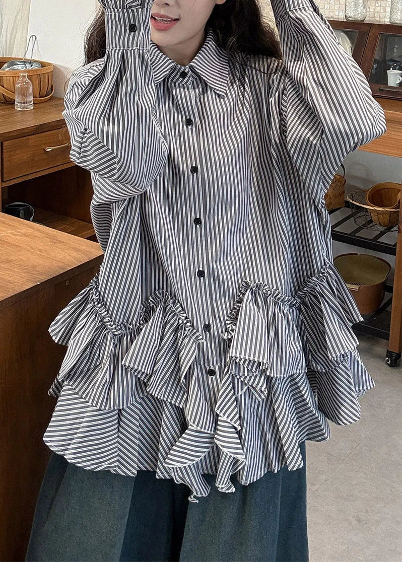 Dames Tweedelige Set Blouse met Peter Pan-kraag en Jeans Asymmetrisch Gestreept 4