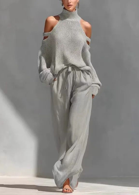 Dames Tweedelige Set Coltrui met Koude Schouder en Wijde Broek 1