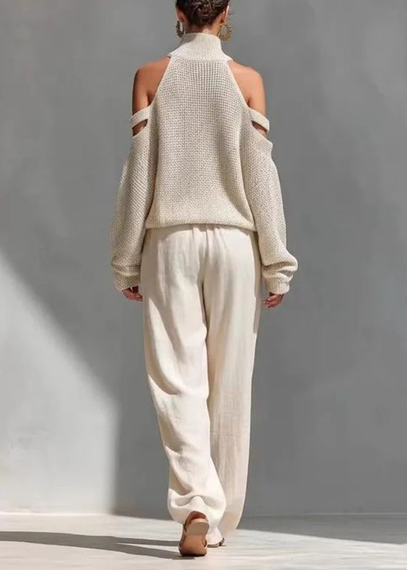 Dames Tweedelige Set Coltrui met Koude Schouder en Wijde Broek 3