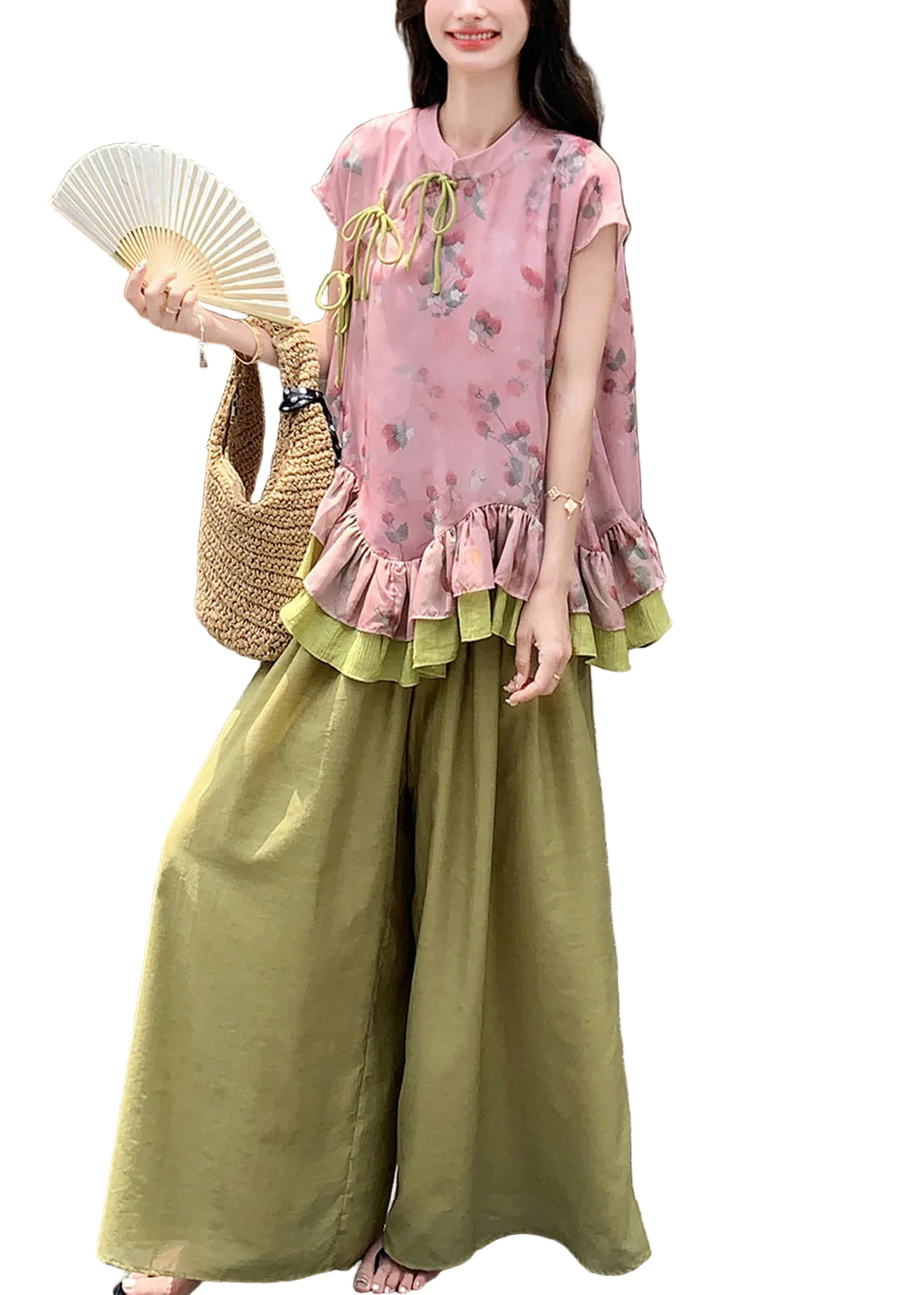 Dames Tweedelige Set Comfy Met Patchwork Top en Wijde Broek 0