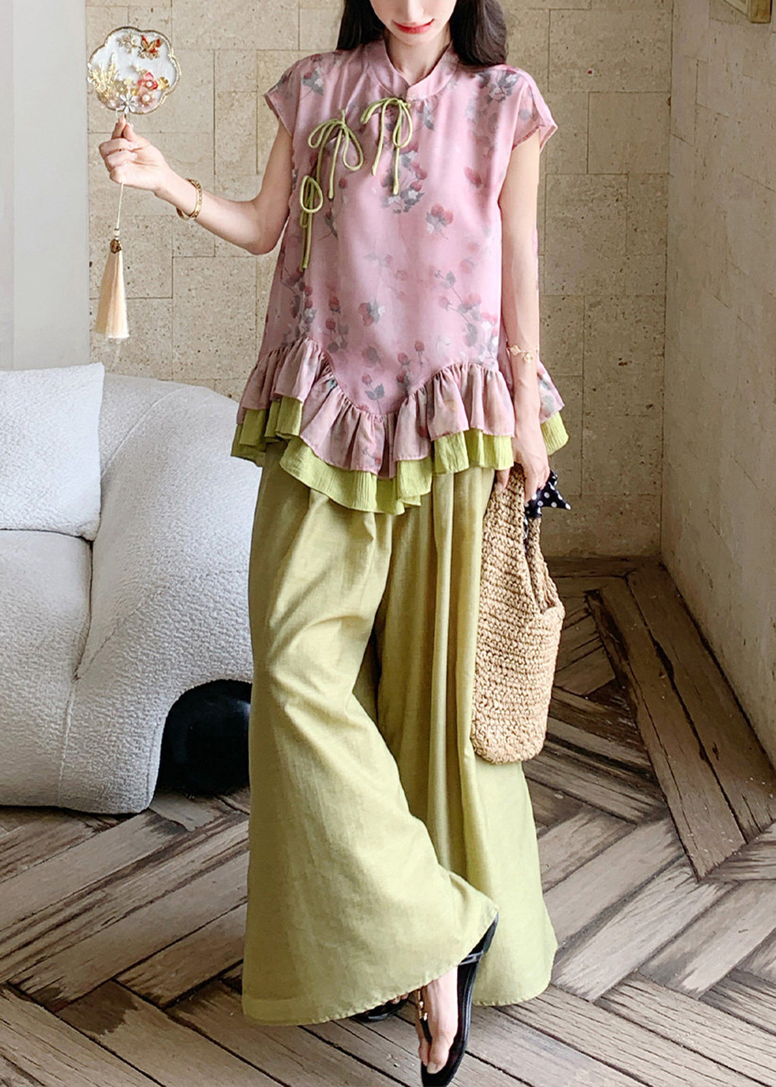 Dames Tweedelige Set Comfy Met Patchwork Top en Wijde Broek 4