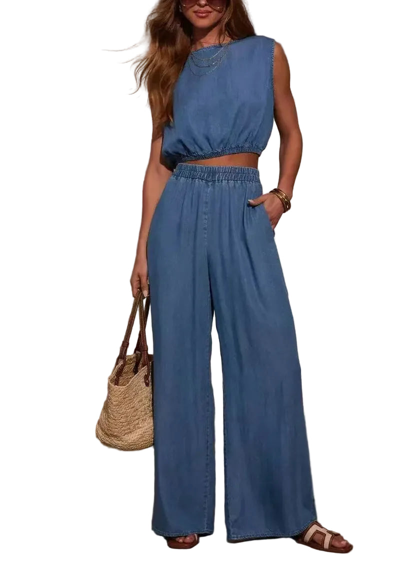 Dames Tweedelige Set Denim Mouwloos O-hals Casual 0