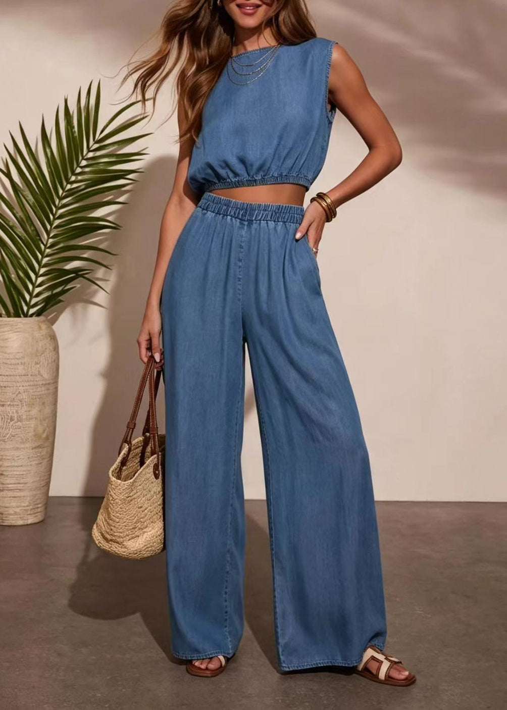 Dames Tweedelige Set Denim Mouwloos O-hals Casual 1