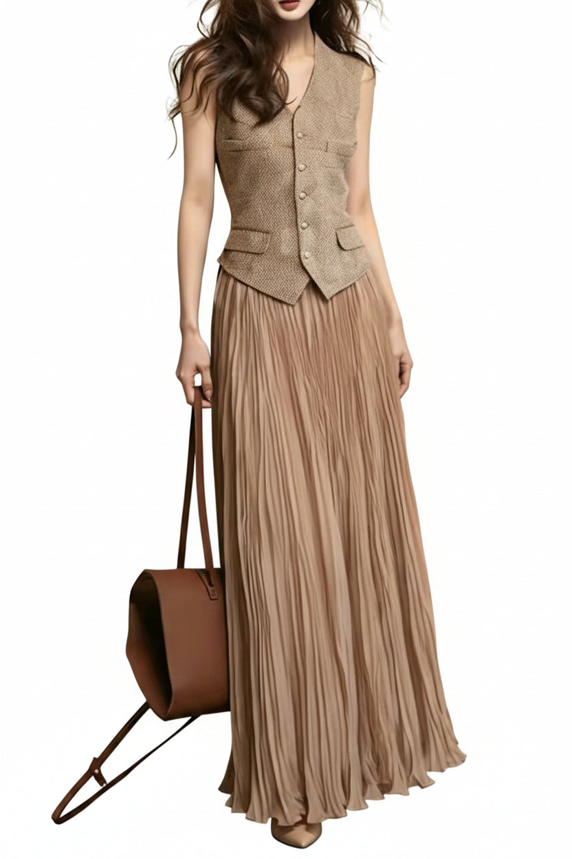 Dames Tweedelige Set Gilet en Gerimpelde Rok Mouwloos 0